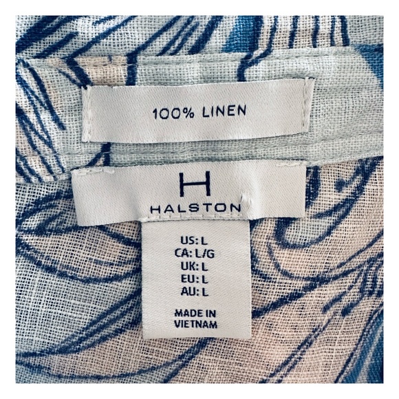 H HALSTON Linen Floral Shirt Top Size L Button-Up Short Sleeve Blue White - Picture 7 of 8